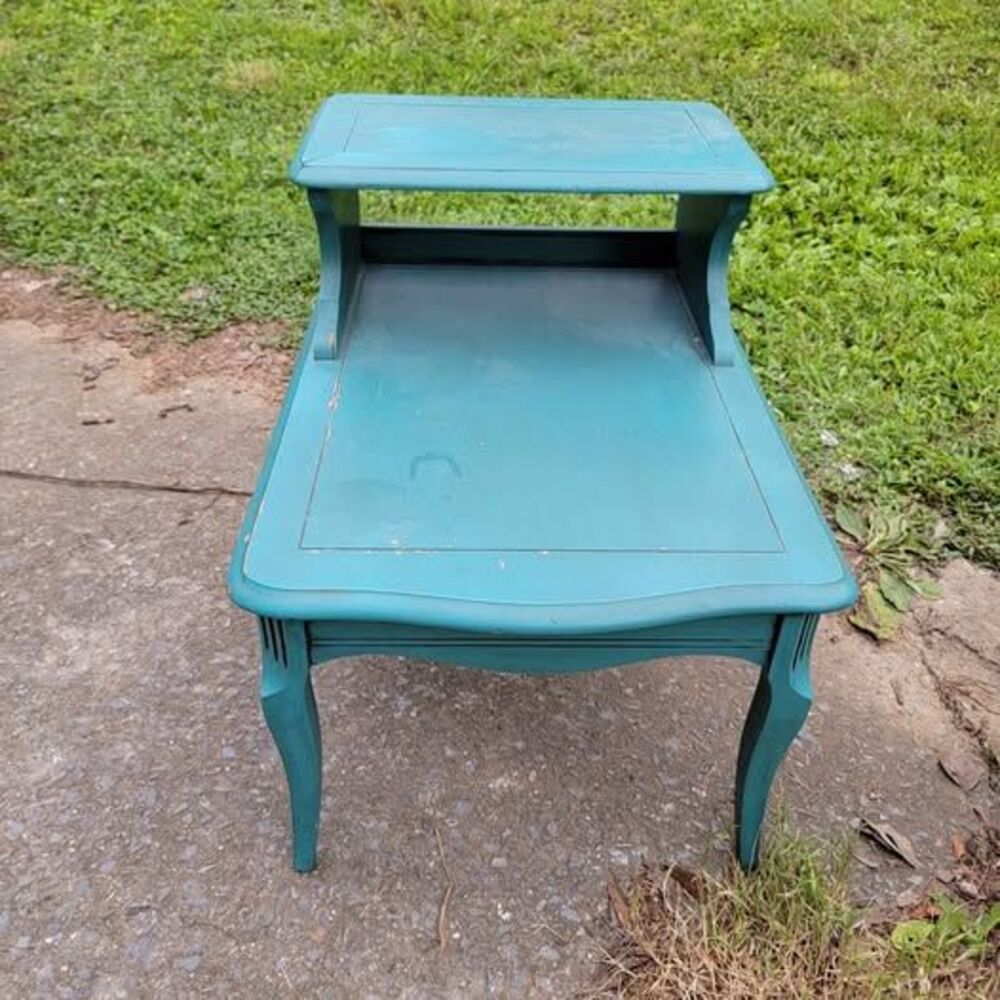 Mid-Century Modern Teal Two-Tier Step End Tables - Pair